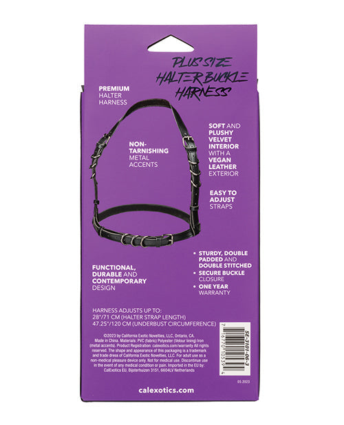 Back of plus size halter buckle harness package card with sizing and care details