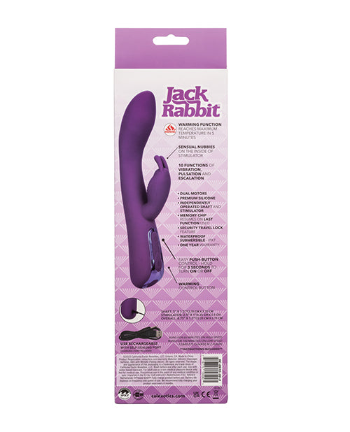 Back of purple rabbit vibrator retail box with specifications and features list