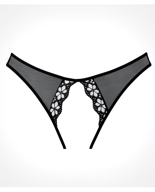 Black Sheer Mesh Open-Crotch Bikini Panty With Crochet Lace Trim And Booty Straps
