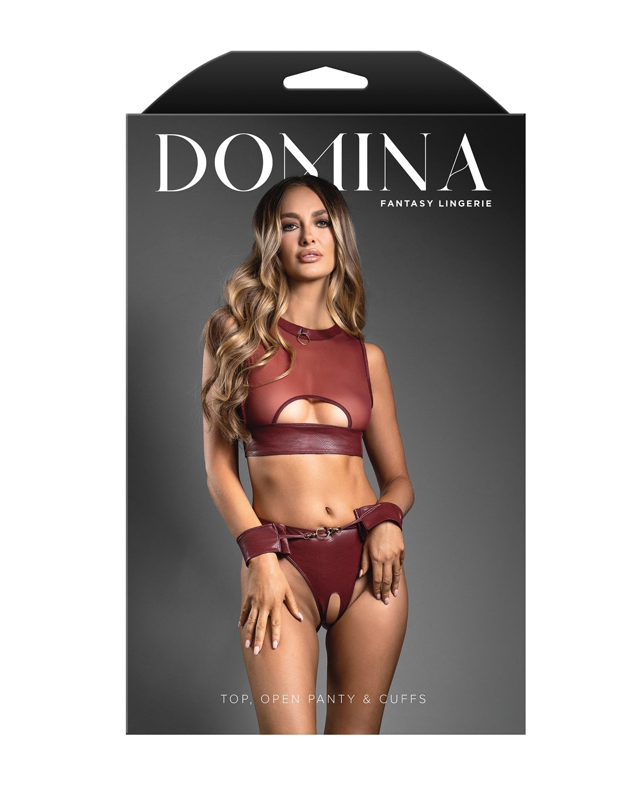 Domina Embossed Vinyl And Sheer Mesh Three-Piece Set With Crotchless Panty And Handcuffs In Burgundy