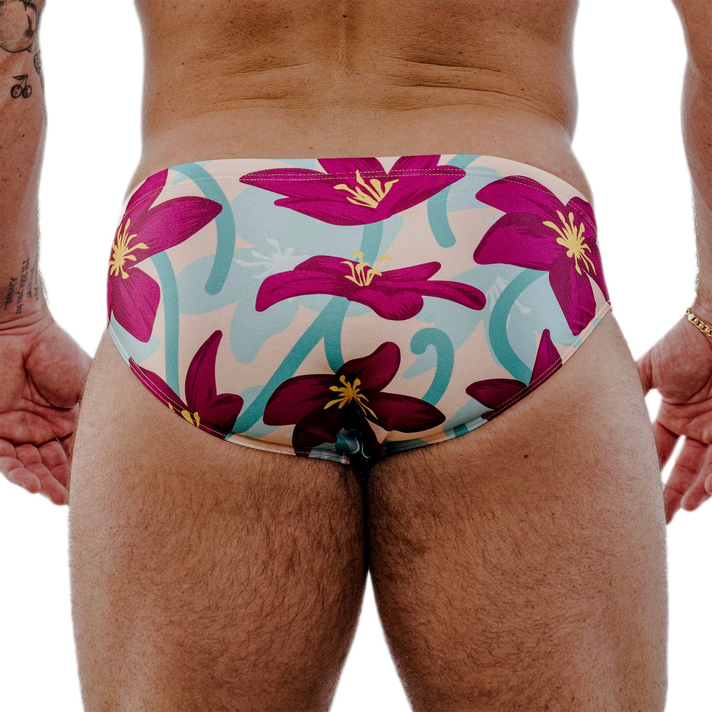 Red Spandex Swim Brief With Hibiscus Print And Low-Rise Cut