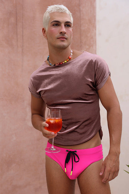 Hot Pink Nylon Swim Brief With Neon Drawstring And Logo Hardware