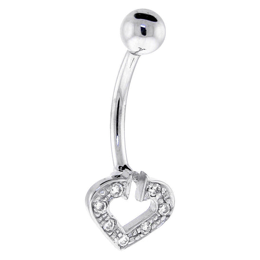 16G Solid 14k White Gold Cubic Zirconia Paved Hollow Heart Belly Ring