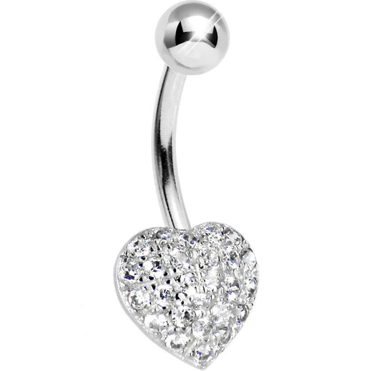 16G Solid 14k White Gold Cubic Zirconia Paved Heart Belly Ring