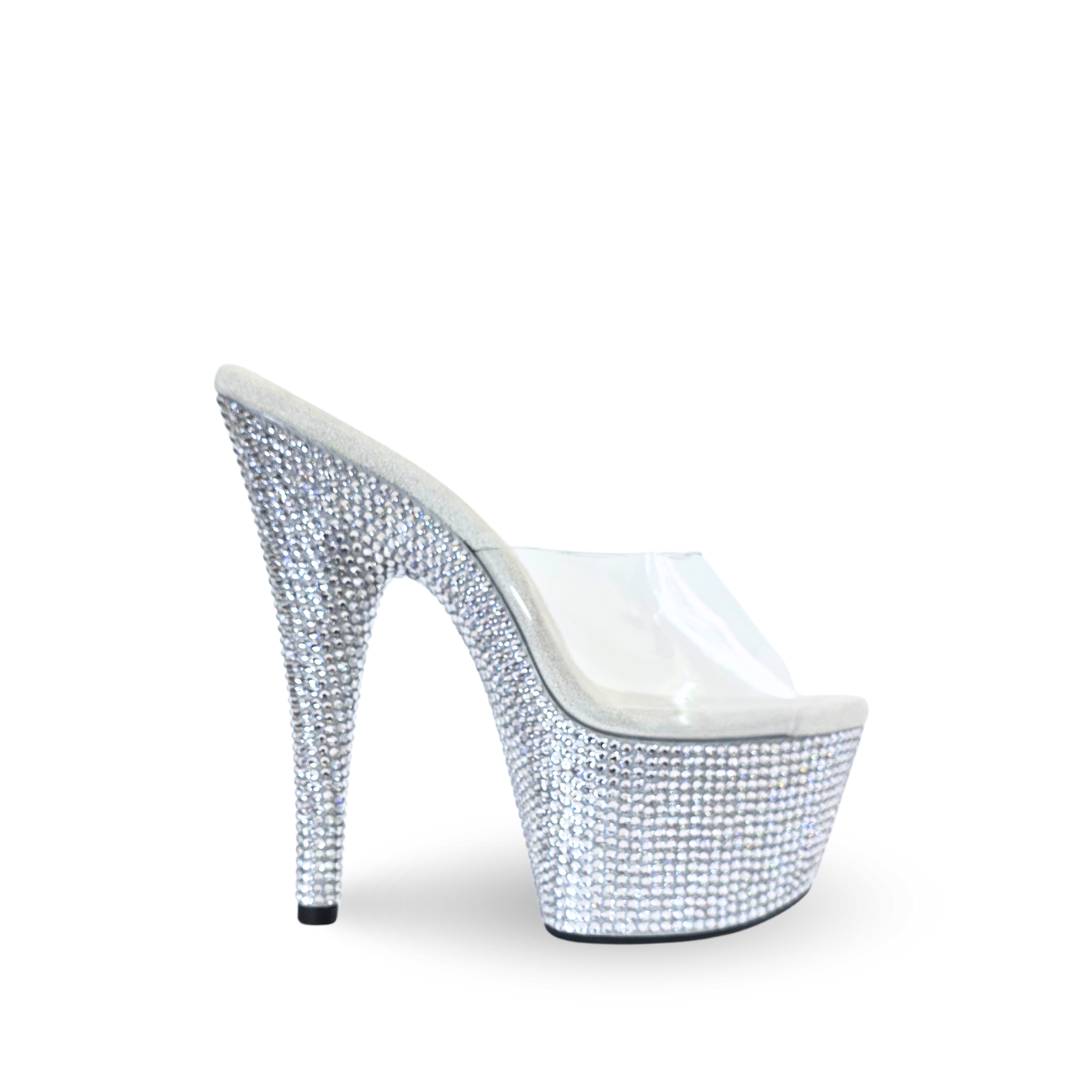 IDOL White 7-Inch Platform Heels with Single Clear Strap - Final Sale