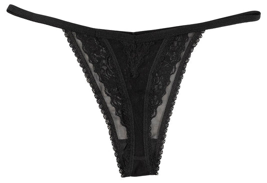 Black mesh and lace micro thong with scalloped lace trim