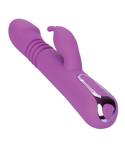 Purple thrusting rabbit vibrator close-up with chrome control panel on base
