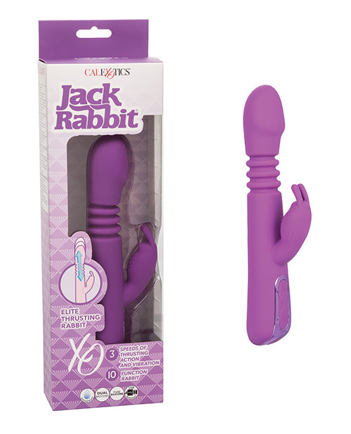 Purple thrusting rabbit vibrator with ridged handle and rabbit ears, boxed