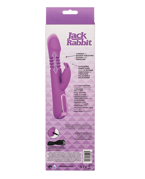 Purple thrusting rabbit vibrator packaging back with feature icons
