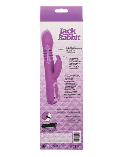 Purple thrusting rabbit vibrator packaging back with feature icons