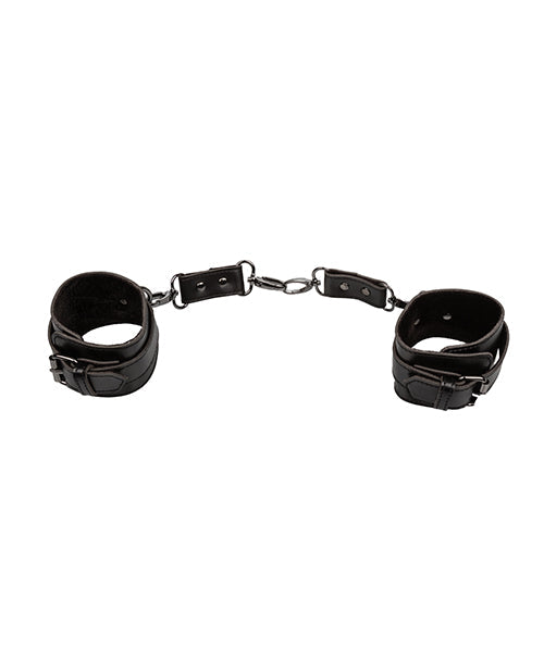 Pair of black wrist hand cuffs with center chain and metal connector links