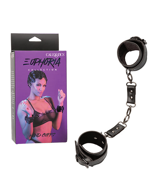 Black hand cuffs with linked chain and leather-look wrist cuff buckles