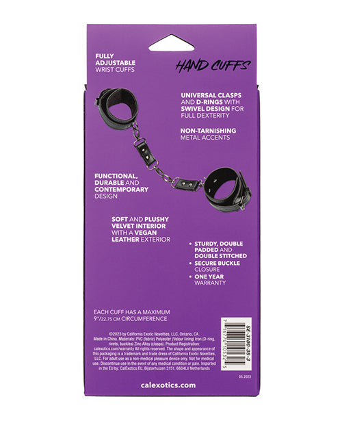 Hand cuffs product box with pictured black cuffs, linked chain, and buckles