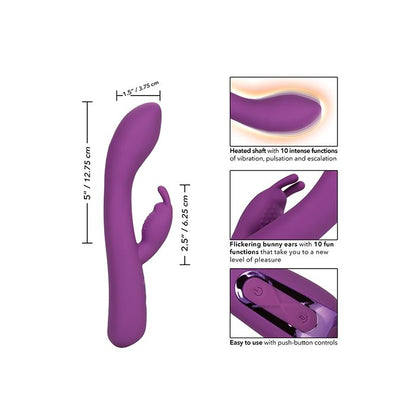Purple rabbit-style warming vibrator with size markings and control diagram