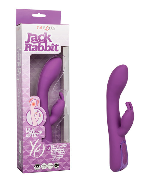 Purple rabbit-style warming vibrator with curved body and dual stimulation tips