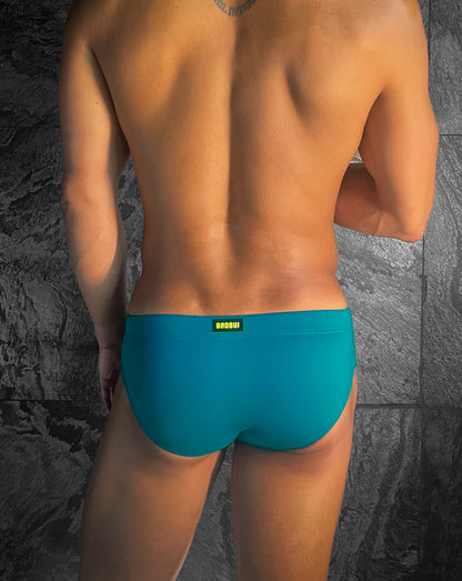Aqua Blue Nylon Spandex Swim Brief With Neon Yellow Drawstring And Logo Hardware