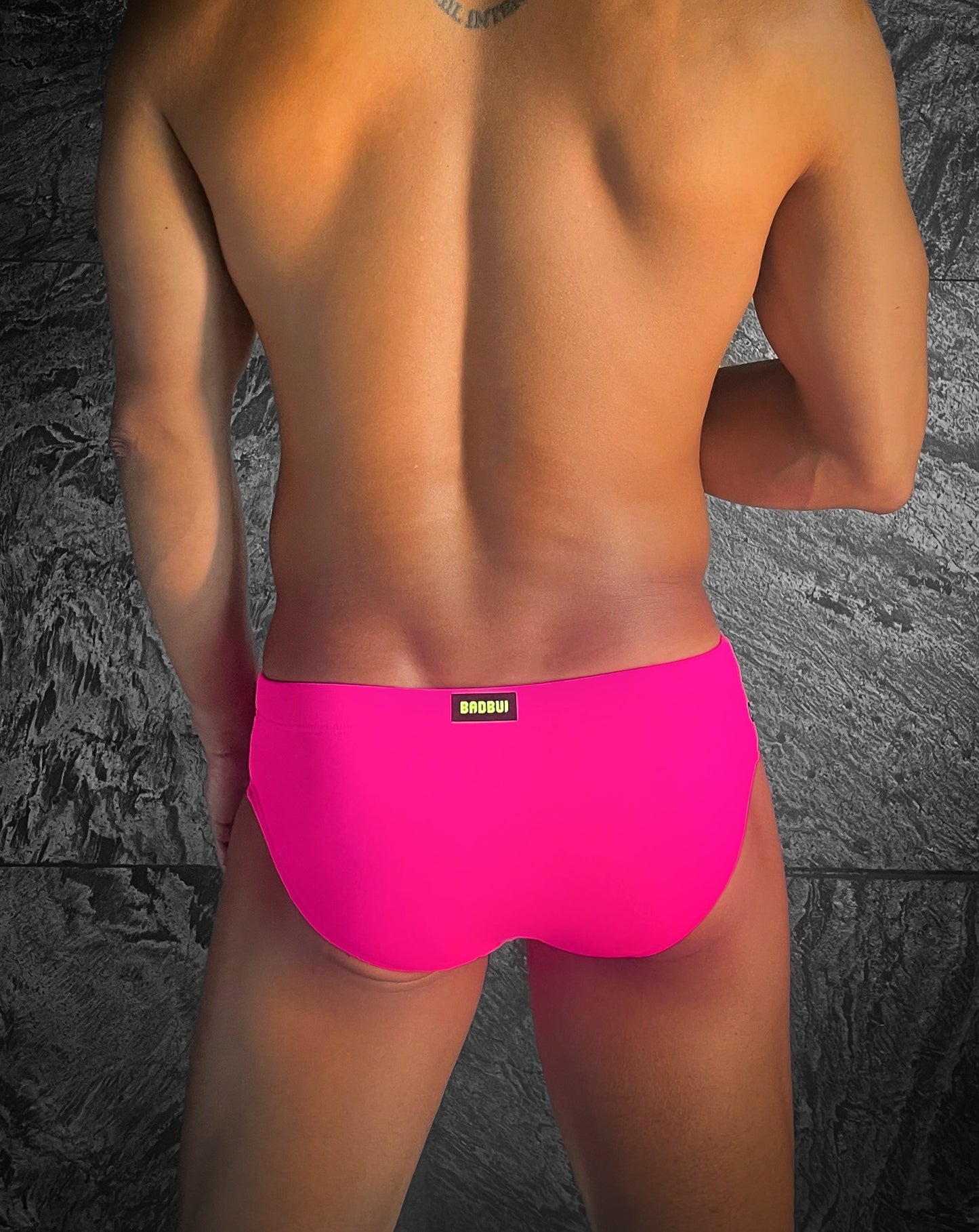 Hot Pink Nylon Swim Brief With Neon Drawstring And Logo Hardware