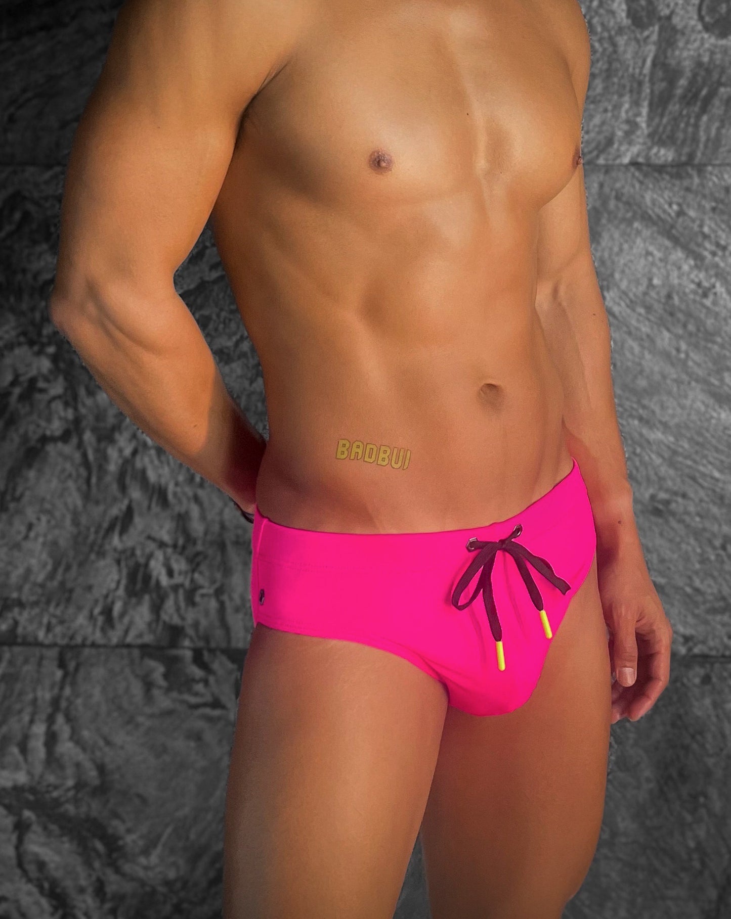 Hot Pink Nylon Swim Brief With Neon Drawstring And Logo Hardware