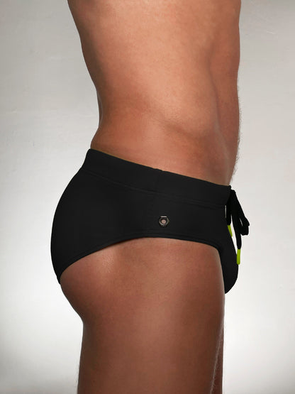 Jet Black Nylon Spandex Swim Brief With Neon Yellow Drawstring And Logo Hardware