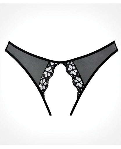 Black Sheer Mesh Open-Crotch Bikini Panty With Crochet Lace Trim And Booty Straps