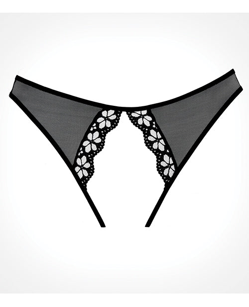 Black Sheer Mesh Open-Crotch Bikini Panty With Crochet Lace Trim And Booty Straps