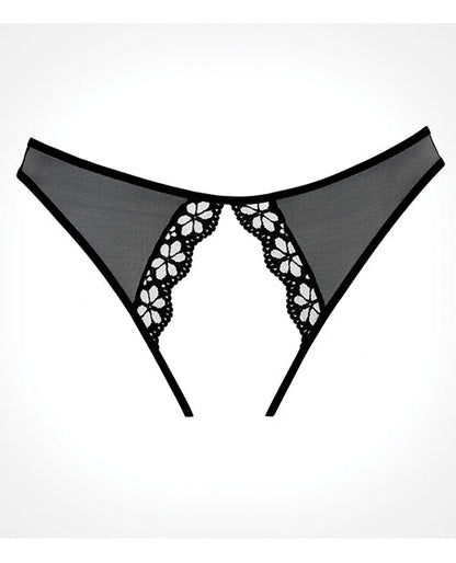 Black Sheer Mesh Open-Crotch Bikini Panty With Crochet Lace Trim And Booty Straps