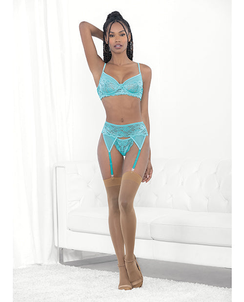 Soutien-gorge à armatures en dentelle et résille, porte-jarretelles et string Malibu Bleu TP/P