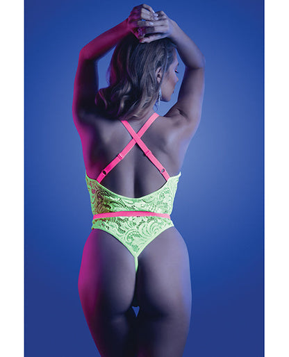Neon Chartreuse UV Reactive Lace Teddy With G-String Back And Snap Closure