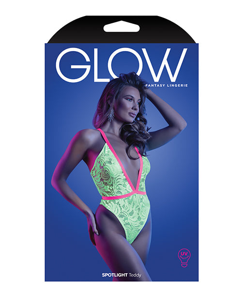Neon Chartreuse UV Reactive Lace Teddy With G-String Back And Snap Closure