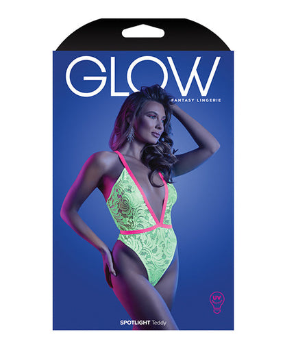 Neon Chartreuse UV Reactive Lace Teddy With G-String Back And Snap Closure