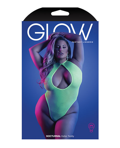 Glow Nocturnal UV Reactive Halter Teddy With Keyhole Cutout Neon Chartreuse Queen Size