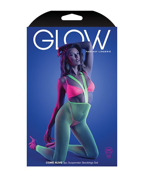 Neon Multi UV Reactive Bralette, G-String And Footless Suspender Stockings Three-Piece Set