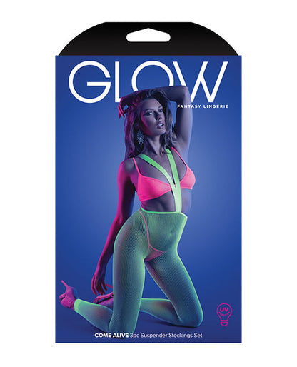 Neon Multi UV Reactive Bralette, G-String And Footless Suspender Stockings Three-Piece Set