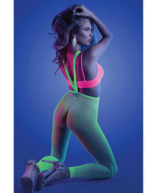Neon Multi UV Reactive Bralette, G-String And Footless Suspender Stockings Three-Piece Set