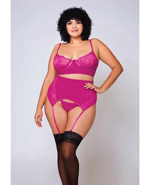 Soutien-gorge en dentelle douce, porte-jarretelles taille haute en satin et résille et string fuchsia 1X