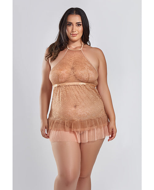 Nuisette Amber Halter en dentelle avec jupe plissée en résille à plusieurs niveaux et string marron 2X