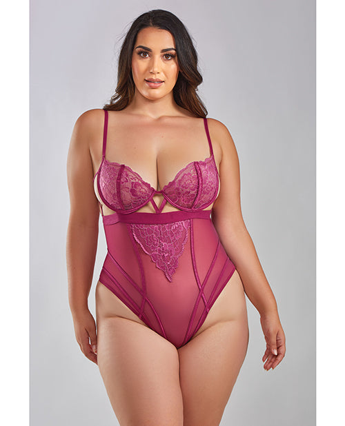 Body teddy Quinn en dentelle à gallon et résille, teinté en fil croisé, couleur lie-de-vin, taille 3X