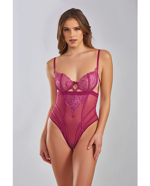 Teddy en dentelle gallon et maille Quinn, teint croisé, couleur lie de vin, taille L