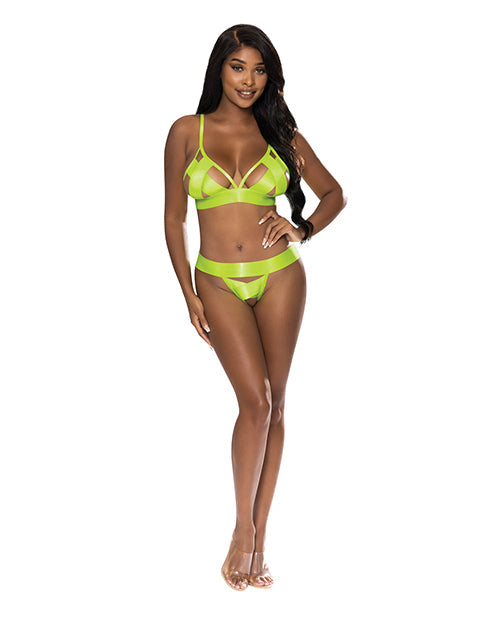 Strap-Tease Strappy Bondage Bra And Crotchless Panty Set Neon Yellow L/XL