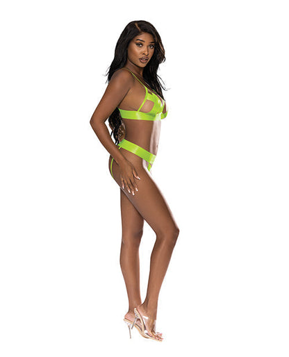 Strap-Tease Strappy Bondage Bra And Crotchless Panty Set Neon Yellow L/XL