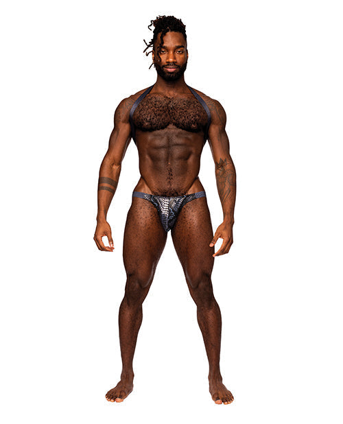 Metallic Shoulder Sling Harness Thong In Black & Blue