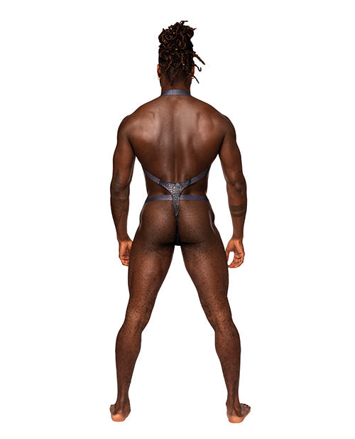Metallic Shoulder Sling Harness Thong In Black & Blue