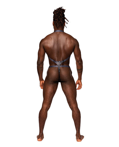 Metallic Shoulder Sling Harness Thong In Black & Blue