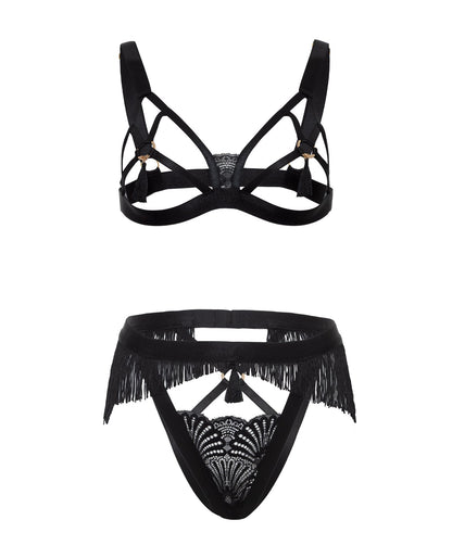 Annika Open Cup 2 pc Set w/Fringe and Tassel Detail - Black L/XL