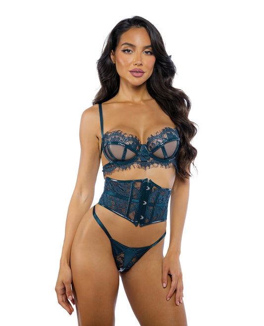 Eden Scalloped Eyelash Lace And Wet Look Waspie Three-Piece Set In Teal