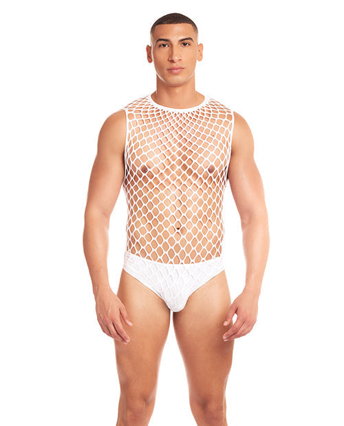 Combinaison intégrale en maille grand effet Rainbow Party 2 pièces avec string - Blanc S/M