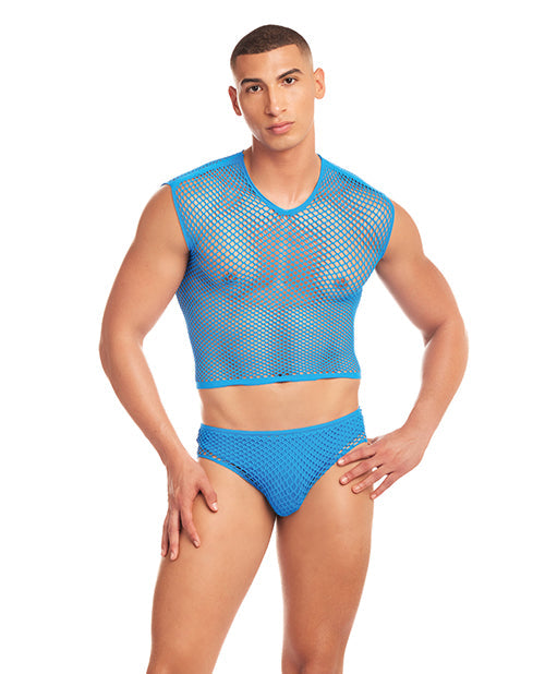 Rainbow Party Net-Flex Ensemble 3 pièces en large résille avec string - Bleu T S/M