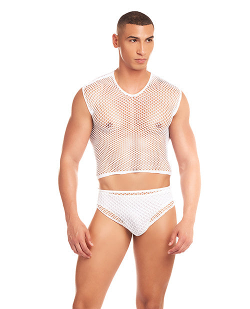 Ensemble 3 pièces Rainbow Party Net-Flex grandes mailles avec string - Blanc T L/XL