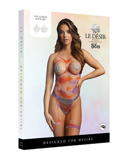 Tie Dye Fishnet Open Cup Strappy Teddy With Garters And Bling Pasties