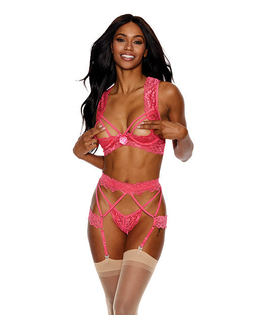 Soutien-gorge à armatures en dentelle ouvert, porte-jarretelles et string corail XL